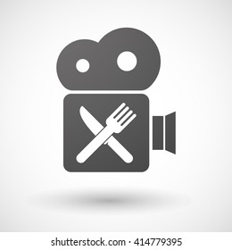 Illustration of an isolated cinema camera icon with a knife and a fork