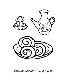 illustration of isolated coffee set or tea set and cup cake
