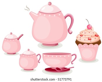 illustration of isolated coffee set or tea set and cup cake