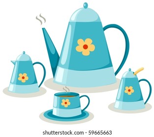 illustration of isolated coffee set or tea set and cup cake