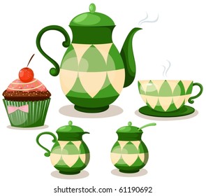 illustration of isolated coffee set or tea set and cup cake