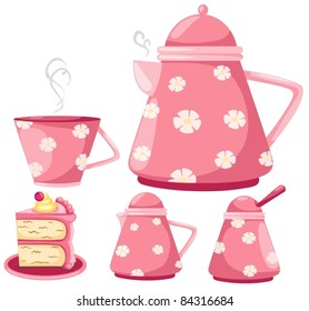 illustration of isolated coffee set or tea set and cup cake