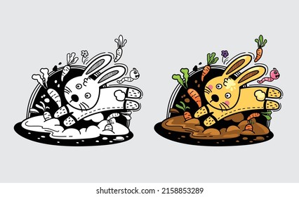 Illustration of isolated colorful and black and white rabbit for coloring book