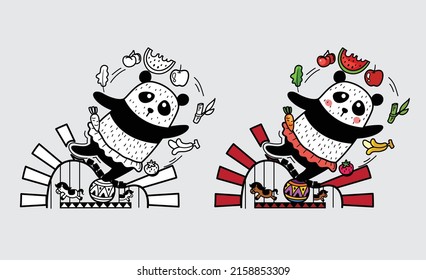 Illustration of isolated colorful and black and white panda for coloring book