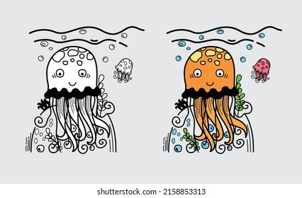 Illustration of isolated colorful and black and white jellyfish for coloring book