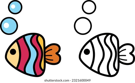 Illustration of isolated colorful and black and white fish
