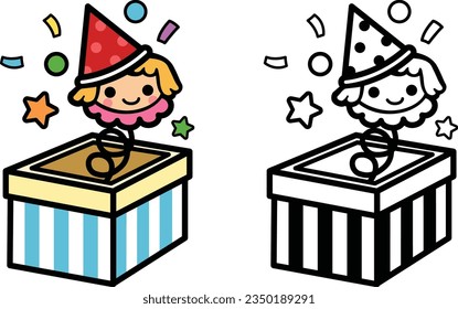 Illustration of isolated colorful and black and white jack in the box puppet toy 