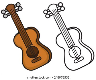 Illustration of isolated colorful and black and white guitar for coloring book