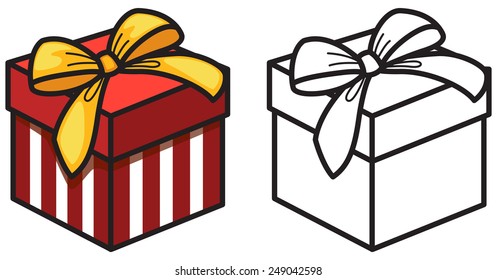 Illustration of isolated colorful and black and white gift box for coloring book