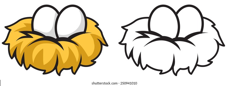 Illustration of isolated colorful and black and white eggs and nest for coloring book 