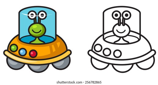 illustration of isolated colorful and black and white ufo for coloring book