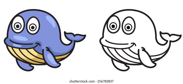 illustration of isolated colorful and black and white whale for coloring book
