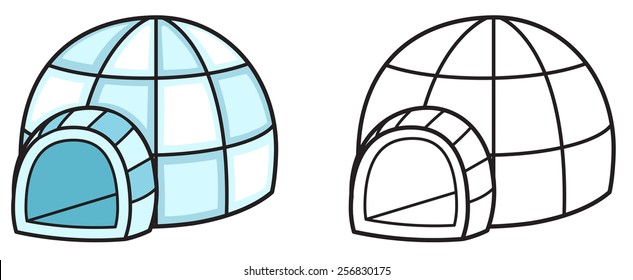Illustration of isolated colorful and black and white igloo for coloring book