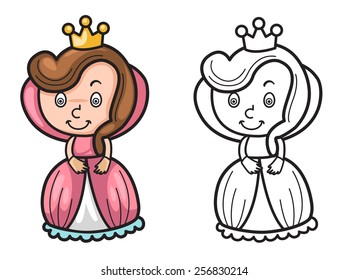 Illustration of isolated colorful and black and white queen for coloring book