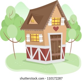 Ilustración de una cabaña aislada rodeada de árboles