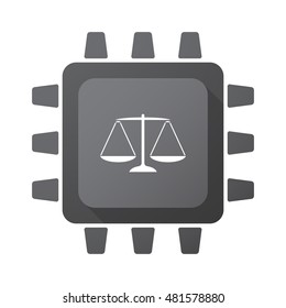 Illustration of an isolated CPU chip icon with a justice weight scale sign