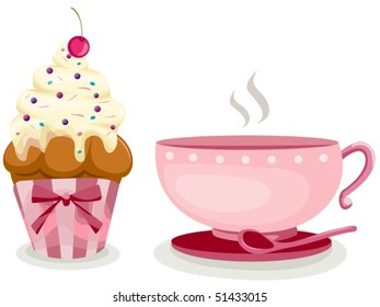 illustration  of isolated a cup of coffee and cute cup cake