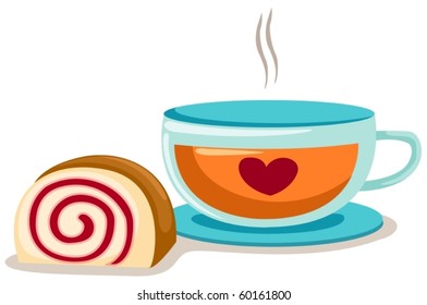 illustration of isolated  a cup of coffee with roll cake on white