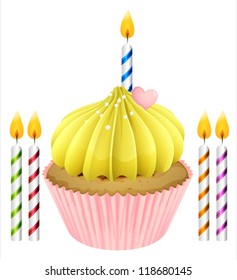 Illustration of an isolated cupcake and candles on a white background