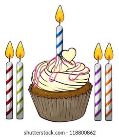 Illustration of an isolated cupcake and candles on a white background