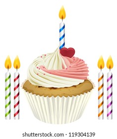 Illustration of an isolated cupcake and candles on a white background