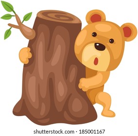 illustration of  isolated cute bear hiding behind stump