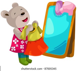 illustration of isolated cute bear trying on dresses on white