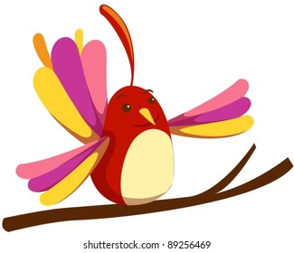 illustration of isolated cute bird on branch on white background