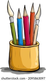 Illustration of isolated cute box of pencil and brush handdrawn