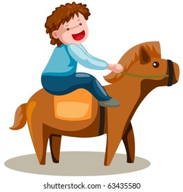illustration of isolated cute boy riding horse on white