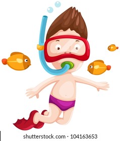 illustration of isolated cute boy snorkeling on white