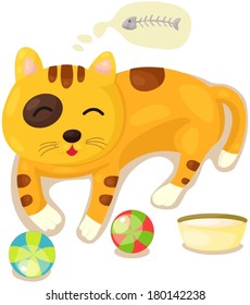 illustration of isolated cute cat thinking of fish bone