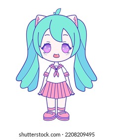 Illustration Of Isolated Cute Chibi Otaku, Harajuku Fashion Girl. Japanese Style Kawaii Anime Cartoon Character With Cat Ears, Blue Twin Tails. Wearing Pink Sailor Uniform. Vector Illustration EPS 10