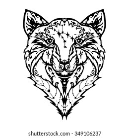 Illustration of isolated  detailed wild wolf head in vintage and aztec style for textiles, print and tattoo. Line-art. Vector