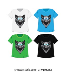 Illustration of isolated  detailed wild wolf head in vintage and aztec style for textiles, print and tattoo in mockup with t-shirt. Line-art. Vector