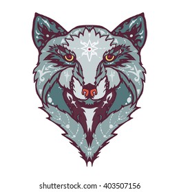 Illustration of isolated  detailed wild wolf head in vintage and aztec style for textiles, print and tattoo. Line-art. Vector