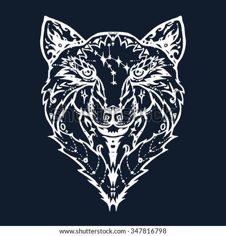 Illustration of isolated  detailed wild wolf head in vintage and aztec style for textiles, print and tattoo. Line-art. Vector