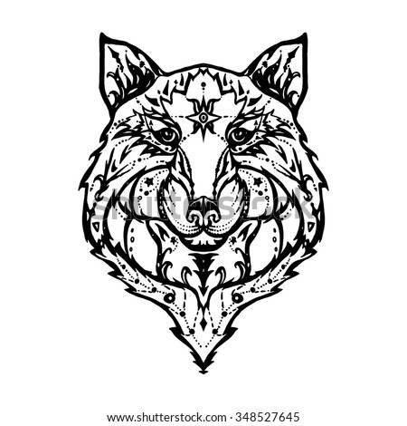 Illustration of isolated  detailed wild wolf head in vintage and aztec style for textiles, print and tattoo. Line-art. Vector
