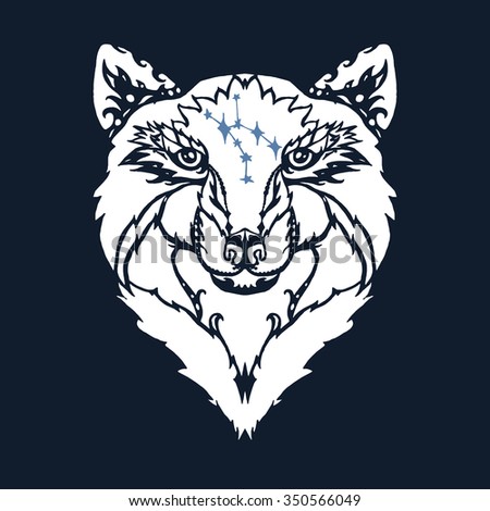 Illustration of isolated  detailed wild wolf head in vintage and aztec style for textiles, print and tattoo. Line-art. Vector