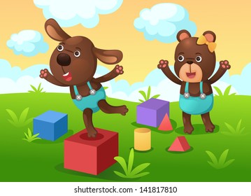 illustration of isolated dog and bear play with toy vector