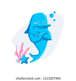 Illustration of an isolated dolphin. Sad, hurt Dolphin. Cartoon standing dolphin - vector illustration.