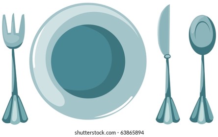 illustration of isolated empty plate with fork and spoon and knife