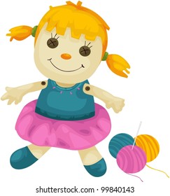 illustration of isolated fabric doll with yarns on white