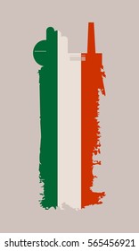 Illustration of an isolated factory icon and grunge brush. Brush stroke painted by Italy flag colors