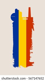 Illustration of an isolated factory icon and grunge brush. Brush stroke painted by Romania flag colors