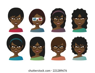 Illustration of an isolated female avatars  wearing glasses