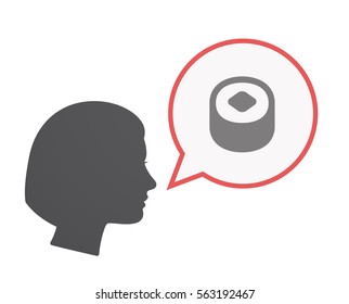 Illustration of an isolated female head  with a comic balloon and a piece of sushi