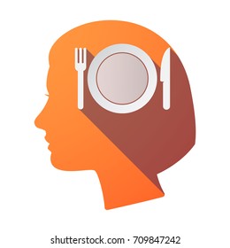 Illustration of an isolated female head with  a dish, knife and a fork icon