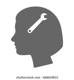 Illustration of an isolated female head silhouette icon with a spanner