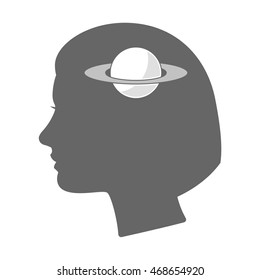 Illustration of an isolated female head silhouette icon with the planet Saturn